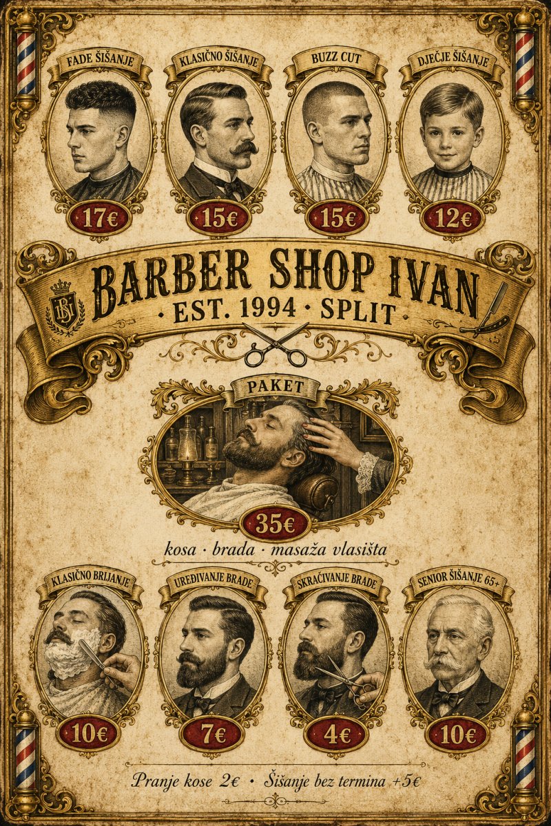 Barber Shop Ivan cjenik usluga: fade šišanje 17€, klasično šišanje 15€, buzz cut 15€, dječje šišanje 12€, klasično brijanje 10€, senior 65+ 10€, uređivanje brade 7€, skraćivanje brade 4€, paket (kosa+brada+masaža vlasišta) 35€